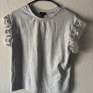 NWT Gray Tee with Sequin Ruffle Sleeves – Size S